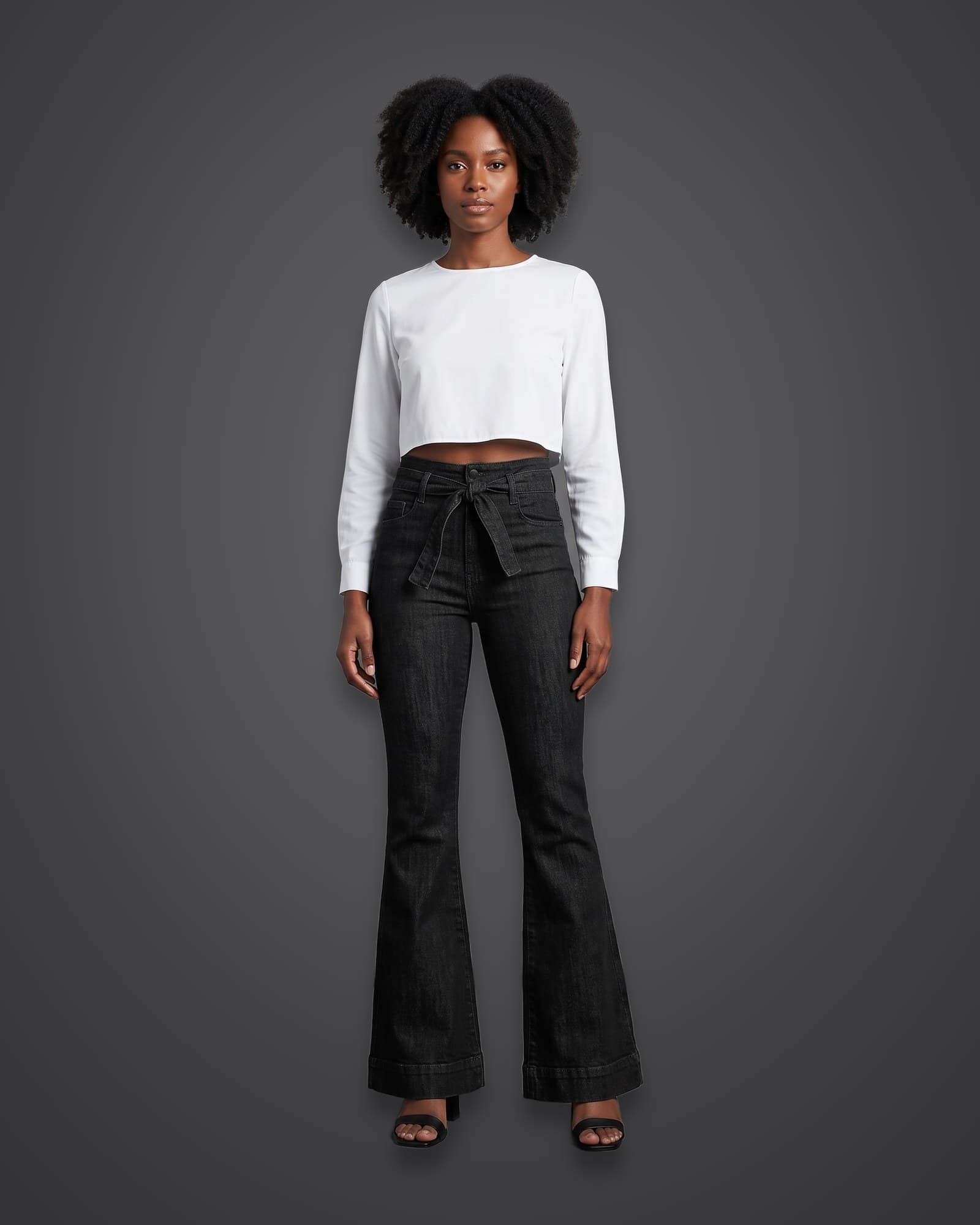 Tie-Waist Flare Jeans, Black