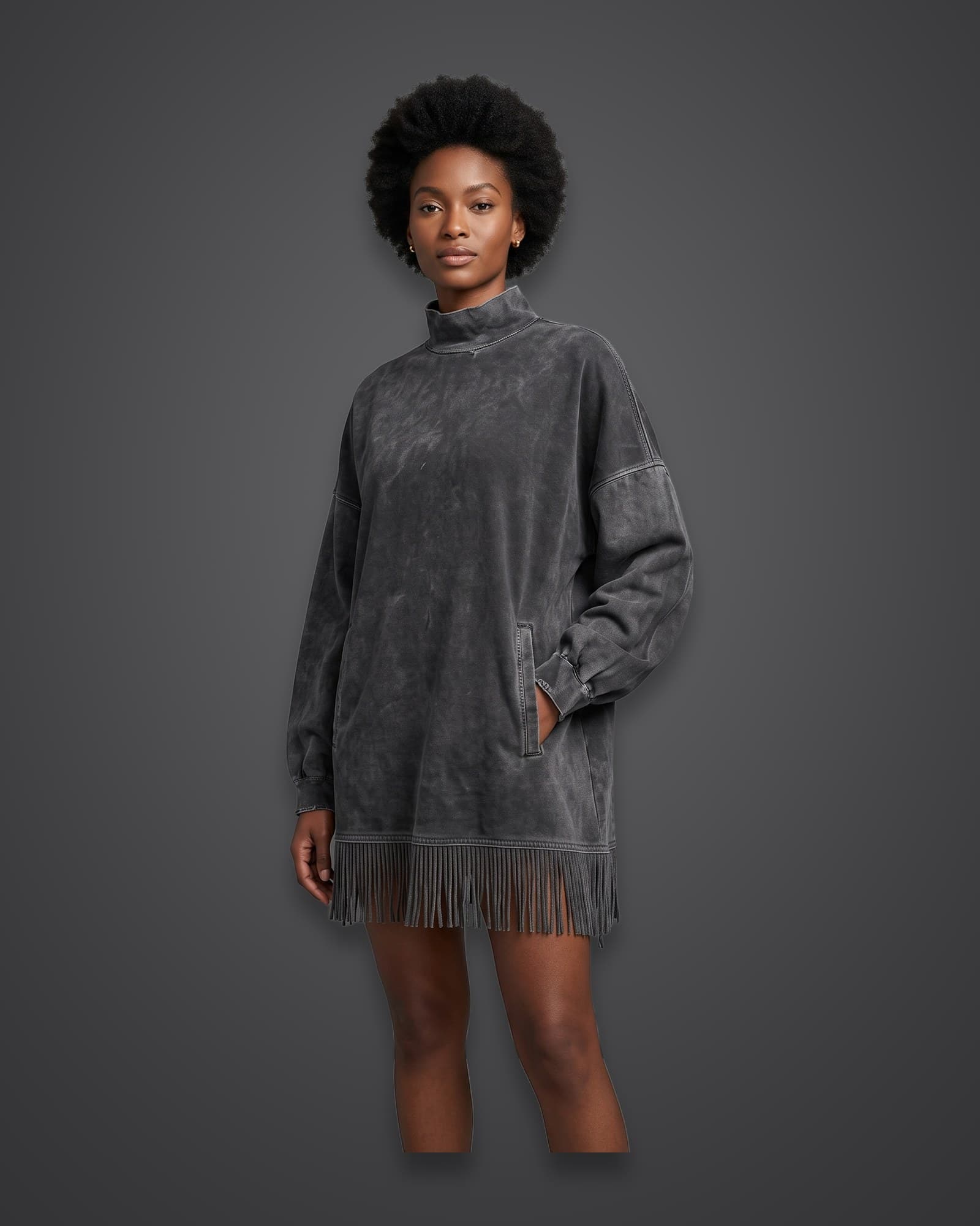 Fringe Mock-Neck Dress, Charcoal