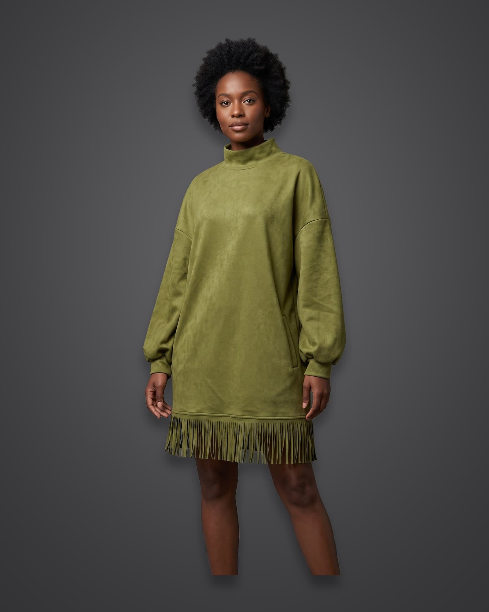 Fringe Mock-Neck Dress, Olive