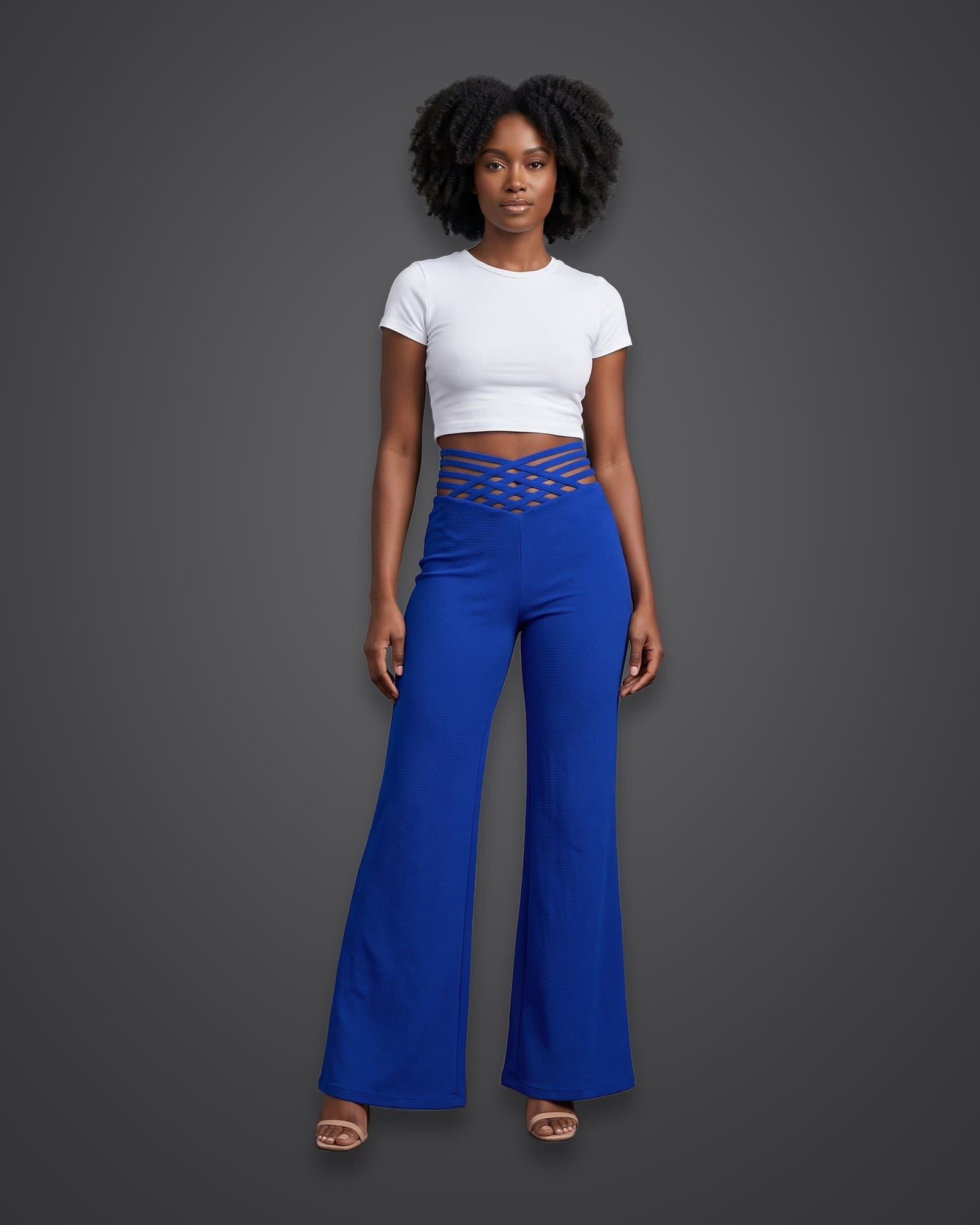Lattice-Waist Flare Pants, Blue