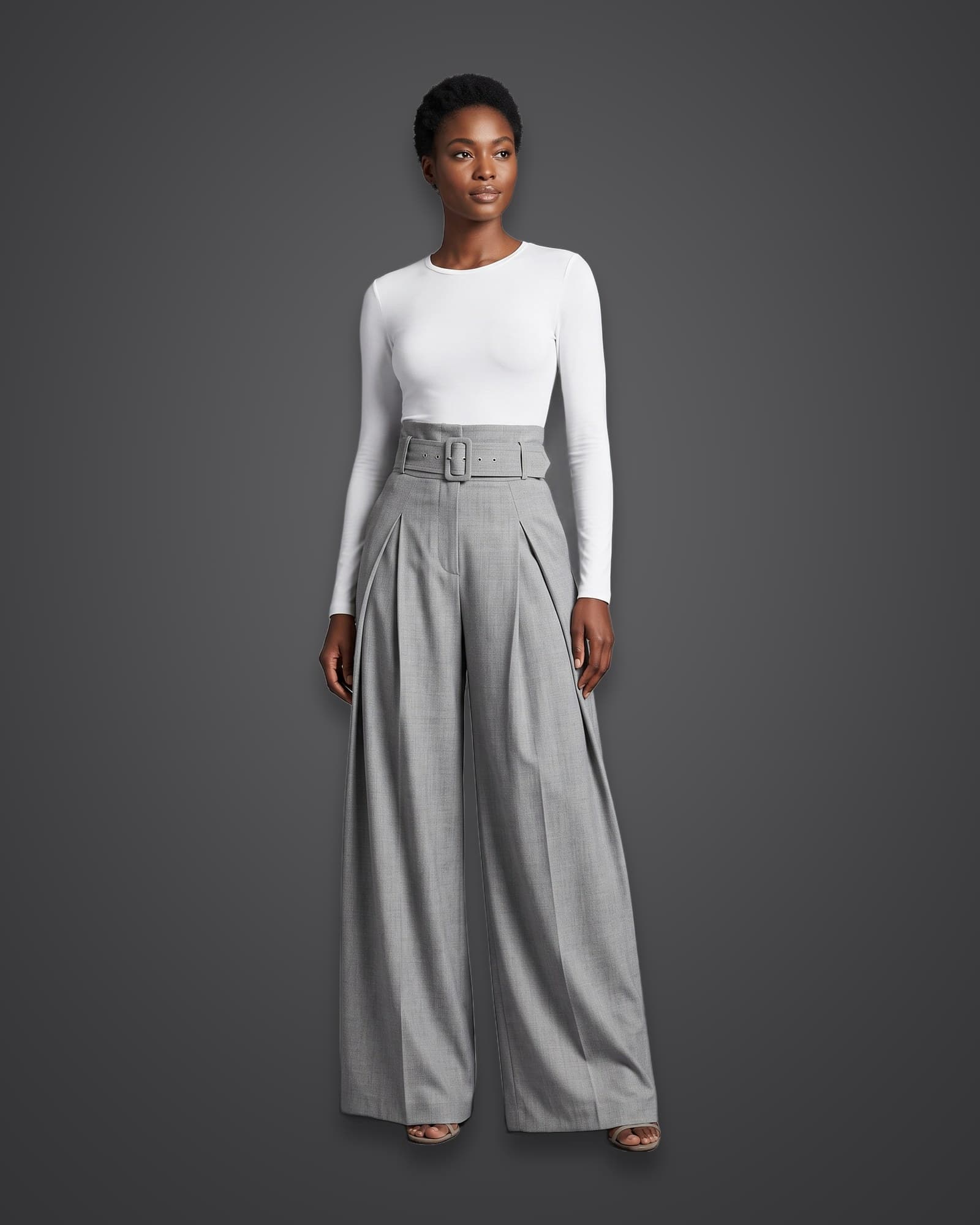 Pleated Wide-Leg Trousers, Gray